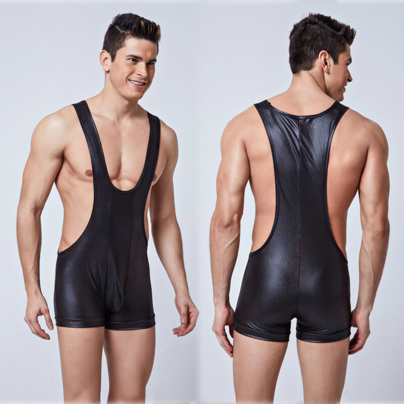 Form-Fitting Shiny Faux Leather Sporty Erotic Men's One-Piece Bodysuit - Image 2