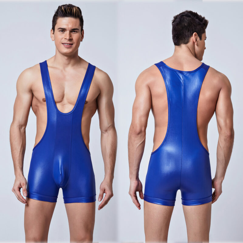 Form-Fitting Shiny Faux Leather Sporty Erotic Men's One-Piece Bodysuit - Image 4
