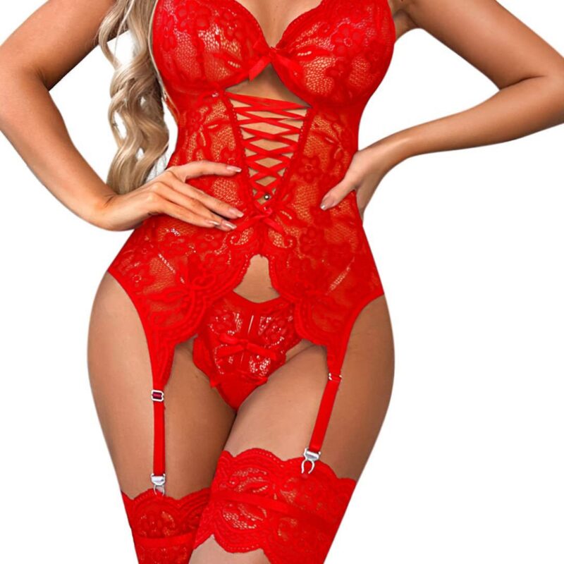 Eyelash Lace Corset Bodysuit with Ribbon Lacing and Garter Straps - Image 7
