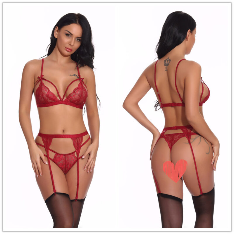 Sheer Lace Strappy Bra and Garter Belt Set with Thong - Image 8