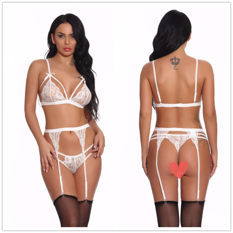 Sheer Lace Strappy Bra and Garter Belt Set with Thong - Image 6
