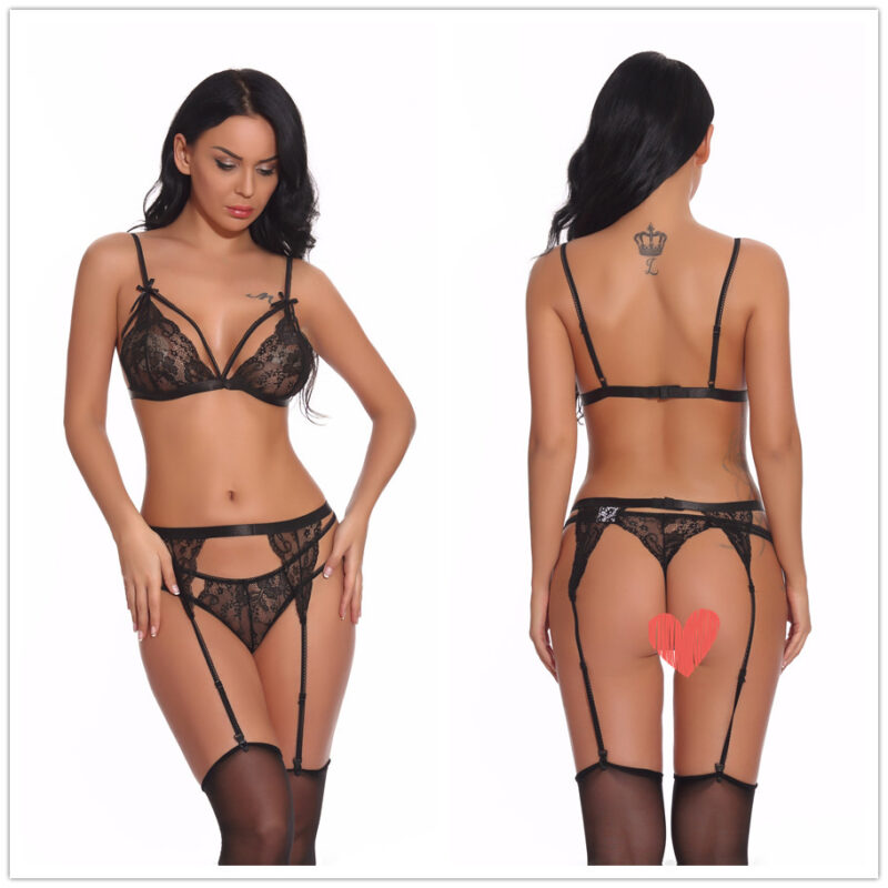 Sheer Lace Strappy Bra and Garter Belt Set with Thong - Image 7