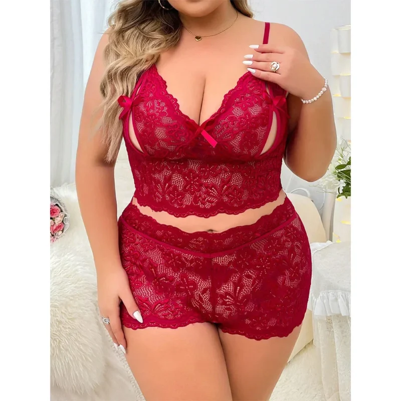 Plus Size Sexy Lingerie Lace Perspective Temptation Shaper Two-Piece Suit