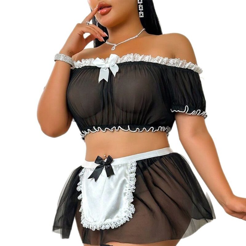 Naughty Maid Costume Lingerie Set with Sheer Top and Apron