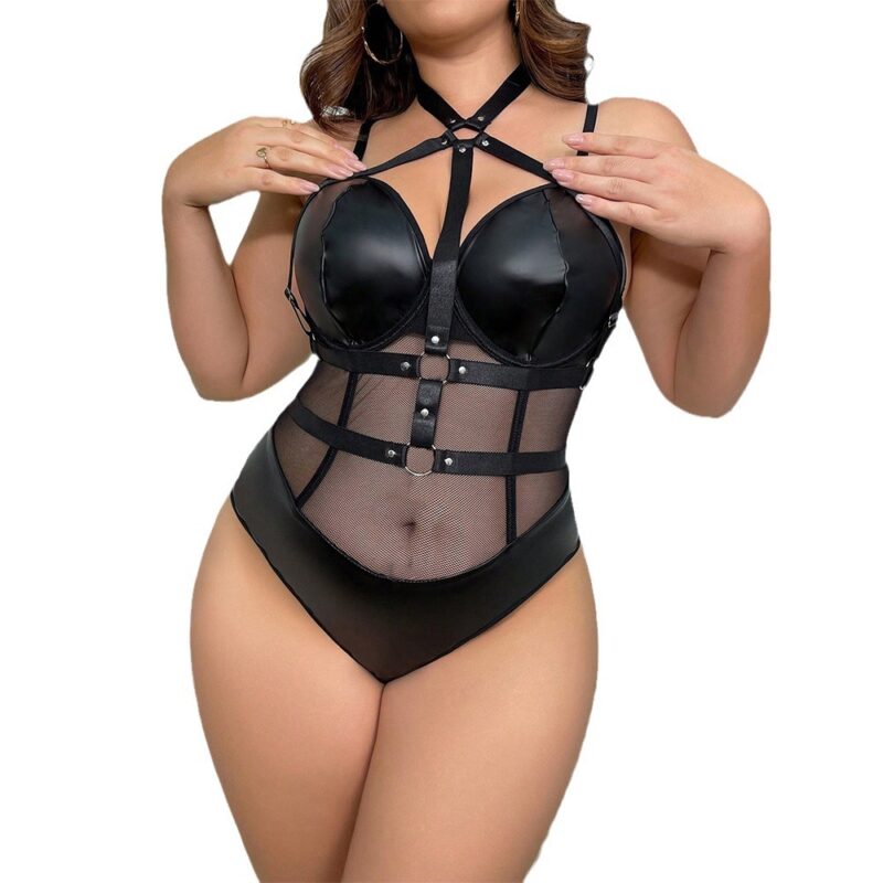 Plus Size Woman Sexy Jumpsuit PU Fishing Net Uniform