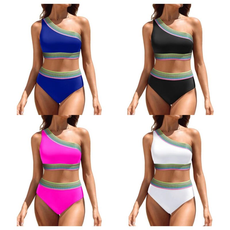 Women's One Shoulder High Waisted Bikini Set with Striped Trim - Image 5