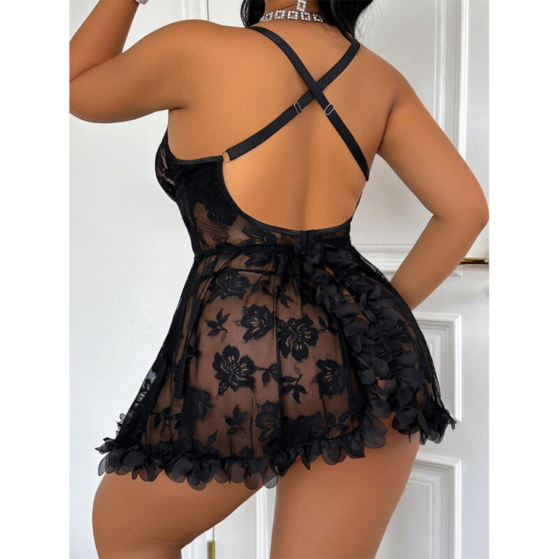 Eyelash Lace Babydoll Lingerie Set with Thong - Image 3