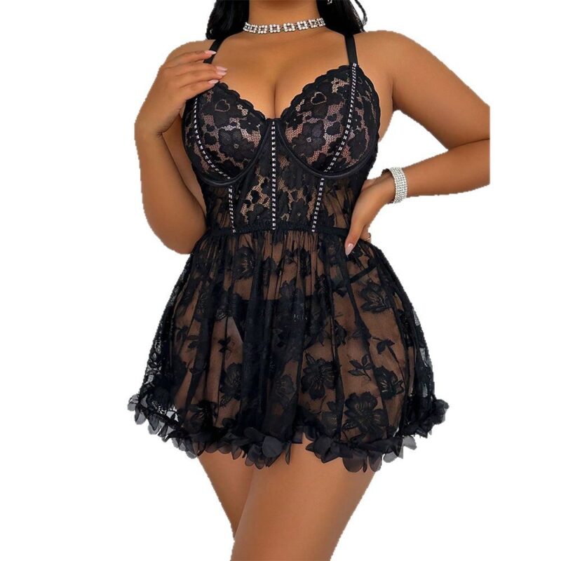 Eyelash Lace Babydoll Lingerie Set with Thong
