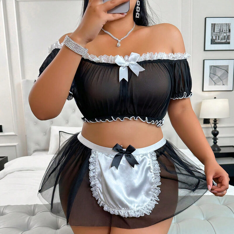 Naughty Maid Costume Lingerie Set with Sheer Top and Apron - Image 4