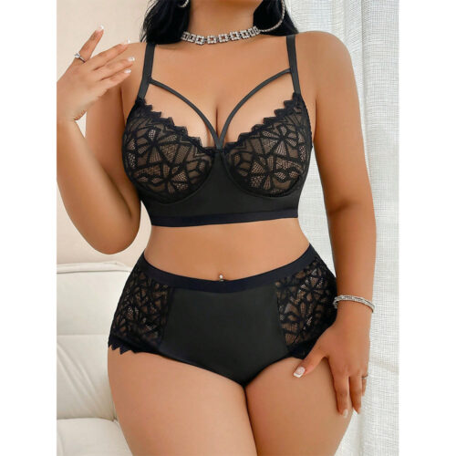 Plus Size Woman Sexy Underwear Lace Bra Thong Two-Piece Set