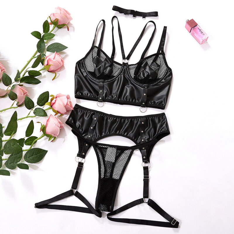 Plus Size Sexy Underwear Suit PU Leather Fishing Net Woman Passion Uniform - Image 5