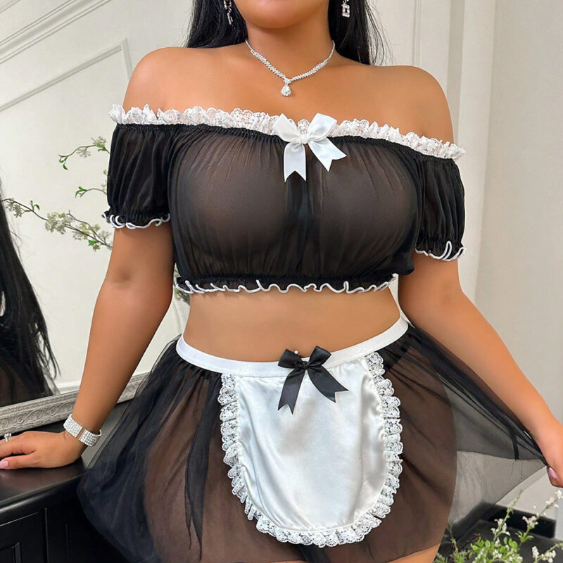 Naughty Maid Costume Lingerie Set with Sheer Top and Apron - Image 5