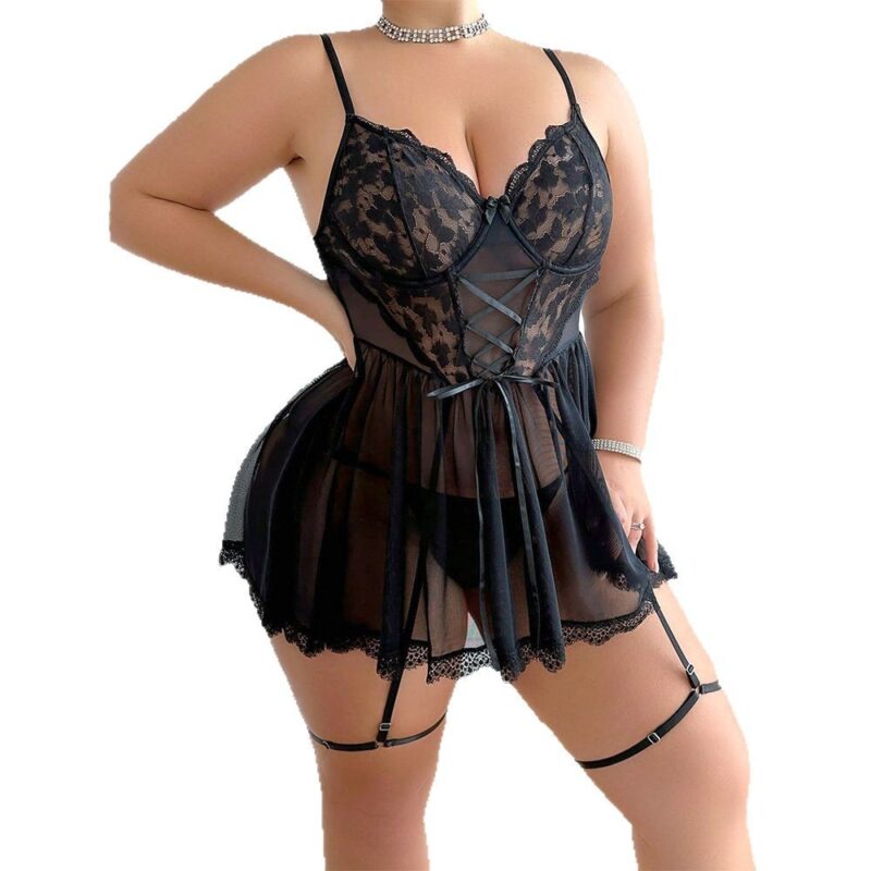 Plus Size Lace Babydoll Lingerie with Sheer Skirt and Garter Straps